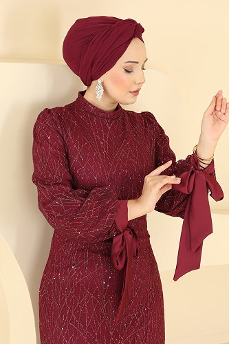 moda selvim Simli Manşeti Bağcıklı Abiye 5822EDFK1198 Bordo - Thumbnail
