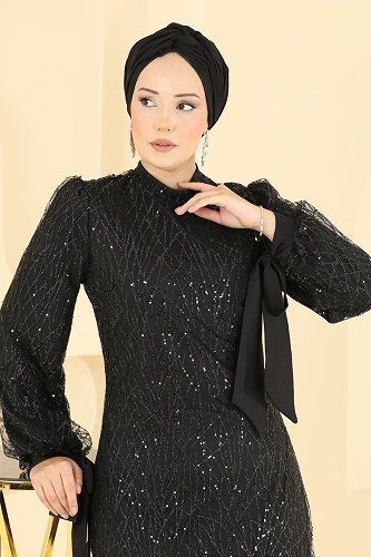 moda selvim Simli Manşeti Bağcıklı Abiye 5822EDFK1198 Siyah - Thumbnail