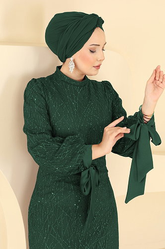 moda selvim Simli Manşeti Bağcıklı Abiye 5822EDFK1198 Zümrüt - Thumbnail