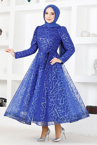 moda selvim Simli Tesettür Abiye YGS6421-M Saks - Thumbnail