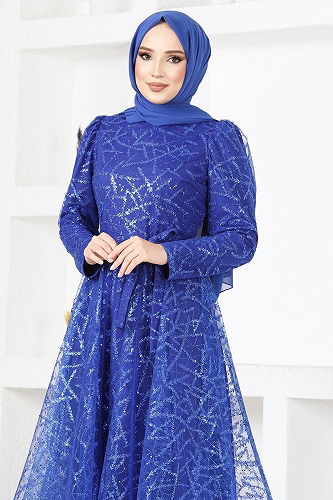 moda selvim Simli Tesettür Abiye YGS6421-M Saks - Thumbnail