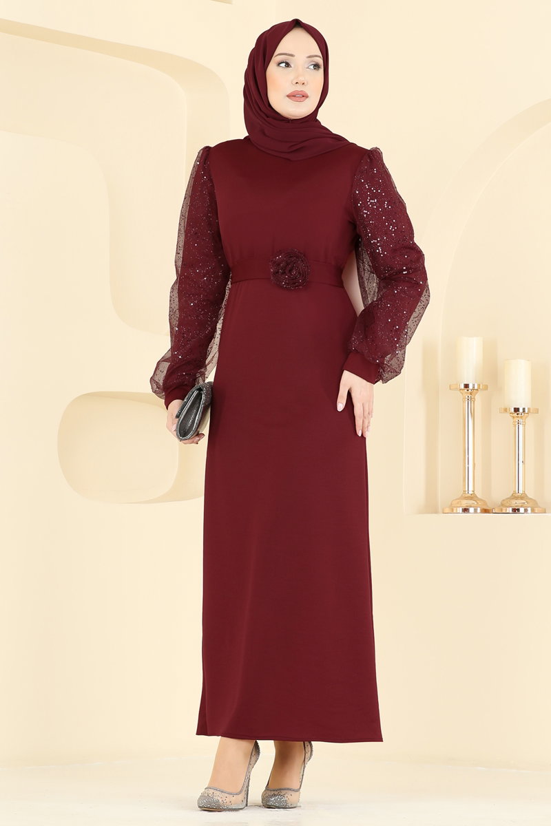 Simli Tül Kollu Abiye 5760EDF311 Koyu Bordo