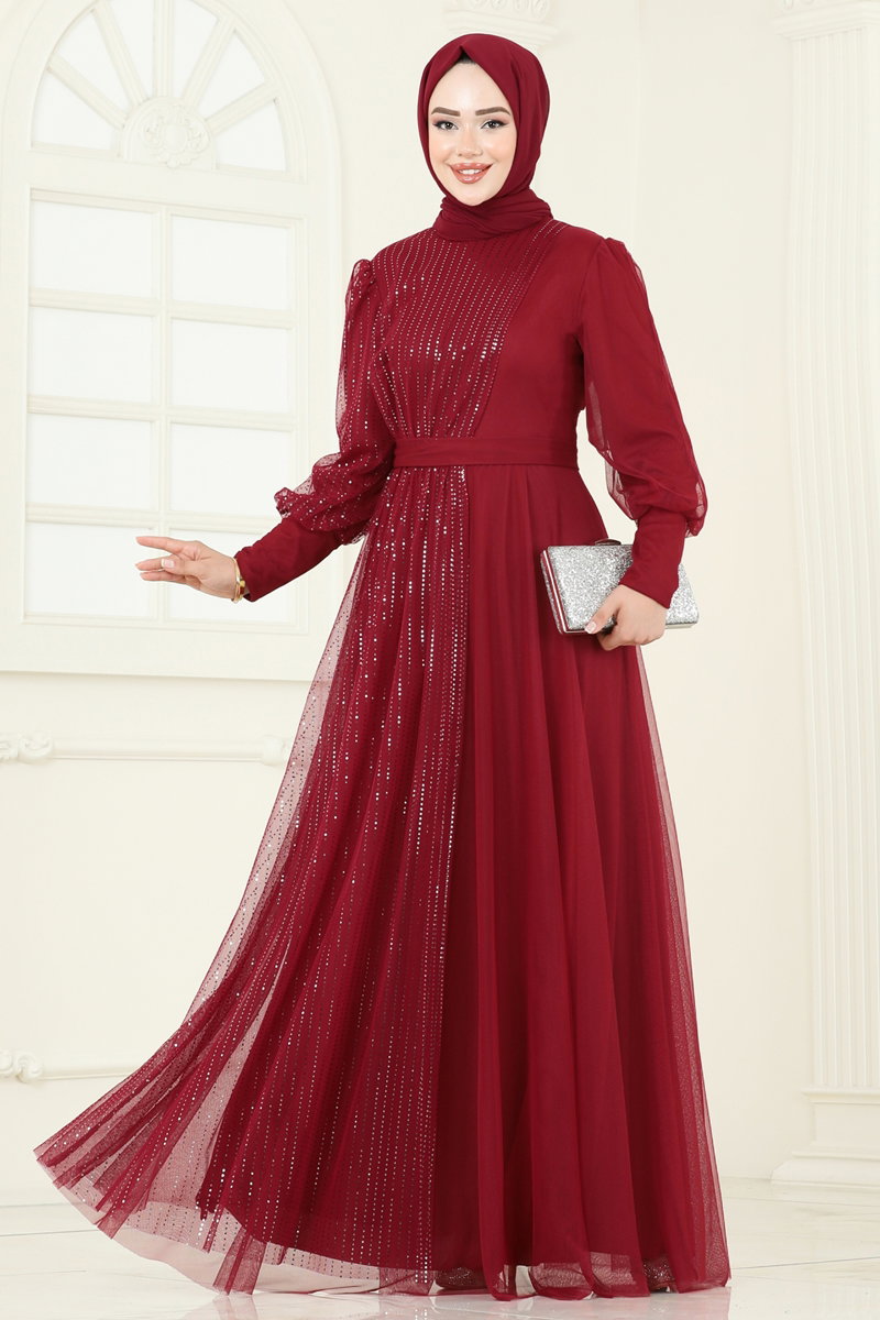 Simli Tül Tesettür Abiye 2457ELC1143 Bordo