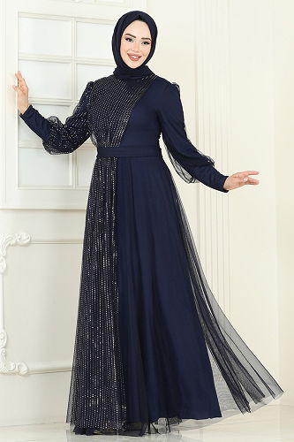 moda selvim Simli Tül Tesettür Abiye 2457ELC1143 Laci - Thumbnail