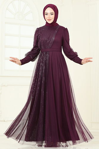 moda selvim Simli Tül Tesettür Abiye 2457ELC1143 Mürdüm - Thumbnail
