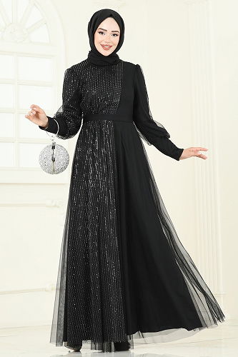 moda selvim Simli Tül Tesettür Abiye 2457ELC1143 Siyah - Thumbnail