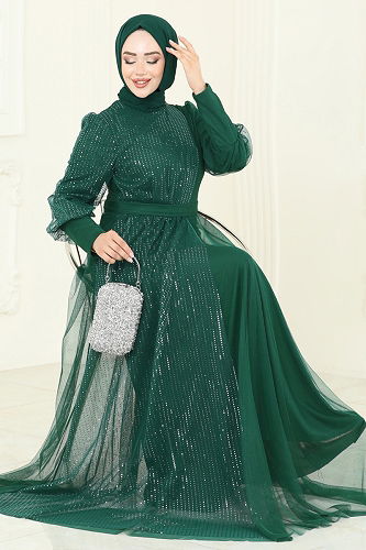 moda selvim Simli Tül Tesettür Abiye 2457ELC1143 Zümrüt - Thumbnail