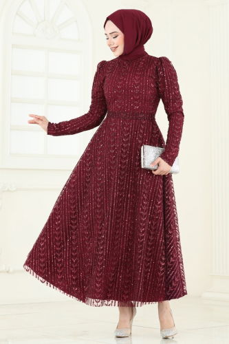 E.D.F. - Simli Tül Tesettür Abiye 5688EDF311 Bordo