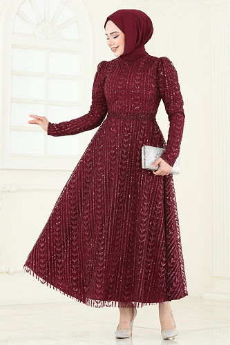 moda selvim Simli Tül Tesettür Abiye 5688EDF311 Bordo - Thumbnail