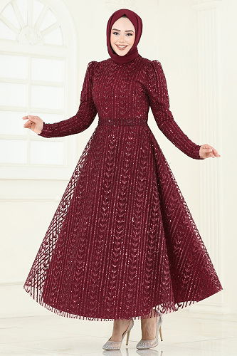 moda selvim Simli Tül Tesettür Abiye 5688EDF311 Bordo - Thumbnail