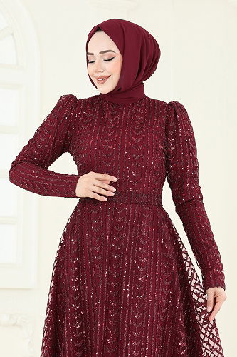 moda selvim Simli Tül Tesettür Abiye 5688EDF311 Bordo - Thumbnail