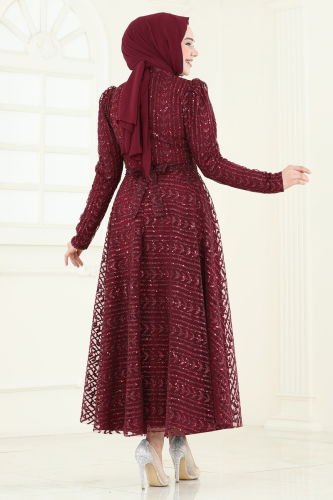 moda selvim Simli Tül Tesettür Abiye 5688EDF311 Bordo - Thumbnail