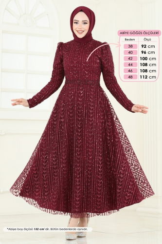 moda selvim Simli Tül Tesettür Abiye 5688EDF311 Bordo - Thumbnail