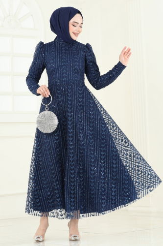 moda selvim Simli Tül Tesettür Abiye 5688EDF311 Laci - Thumbnail