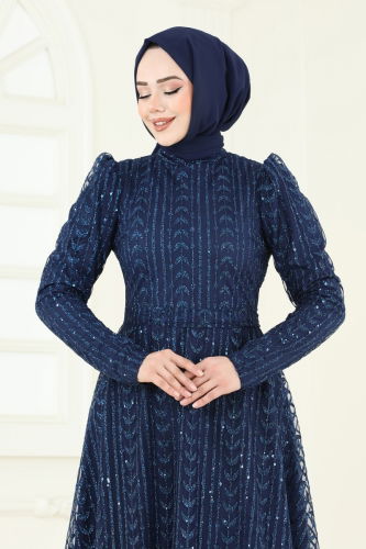 moda selvim Simli Tül Tesettür Abiye 5688EDF311 Laci - Thumbnail