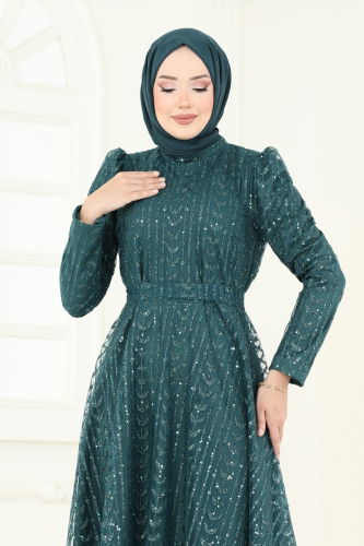 moda selvim Simli Tül Tesettür Abiye 5688EDF311 Petrol - Thumbnail