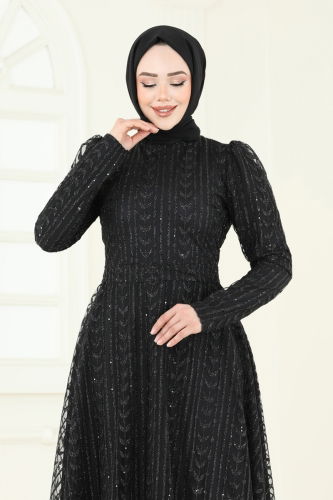 moda selvim Simli Tül Tesettür Abiye 5688EDF311 Siyah - Thumbnail