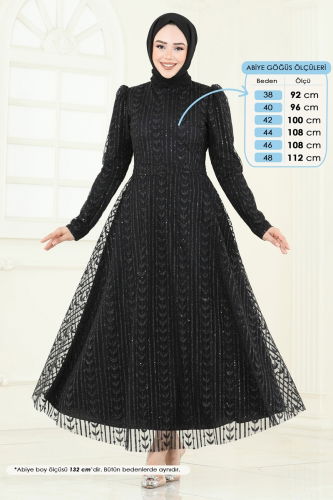 moda selvim Simli Tül Tesettür Abiye 5688EDF311 Siyah - Thumbnail