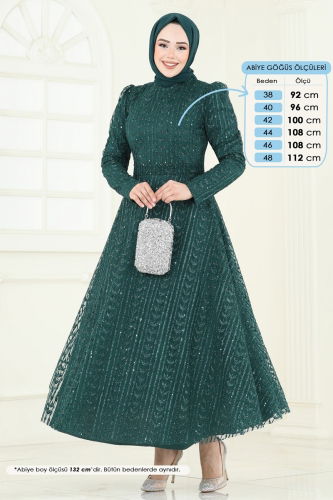 moda selvim Simli Tül Tesettür Abiye 5688EDF311 Zümrüt - Thumbnail