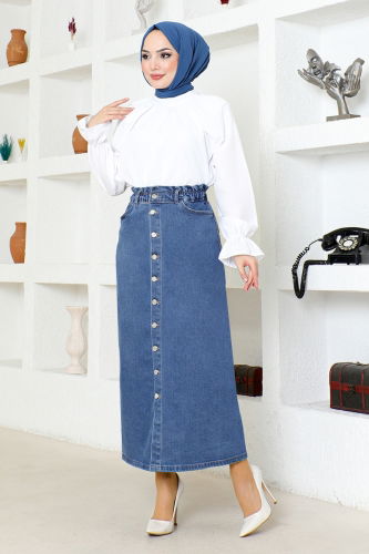 moda selvim Skirt FLR213 Dark Navy Blue - Thumbnail