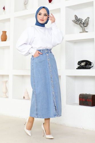 moda selvim Skirt FLR213 Light Navy Blue - Thumbnail