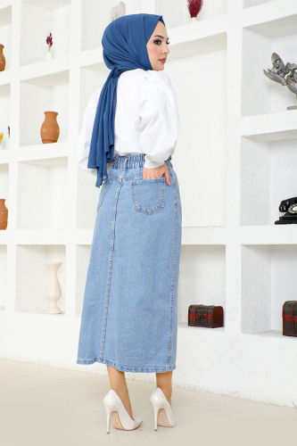 moda selvim Skirt FLR213 Light Navy Blue - Thumbnail