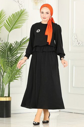 moda selvim Skirt Suit with Elastic Waist 145MP806 Black - Thumbnail