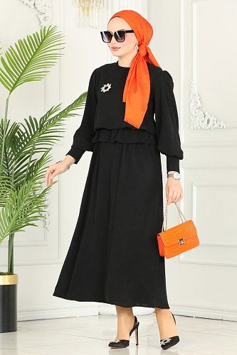 moda selvim Skirt Suit with Elastic Waist 145MP806 Black - Thumbnail