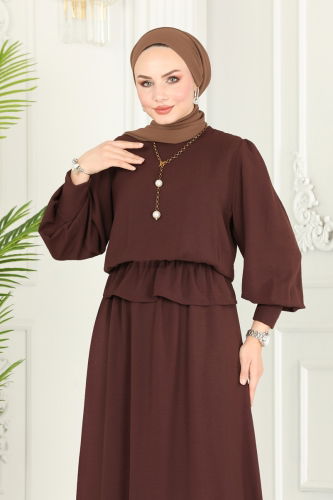 moda selvim Skirt Suit with Elastic Waist 145MP806 Brown - Thumbnail