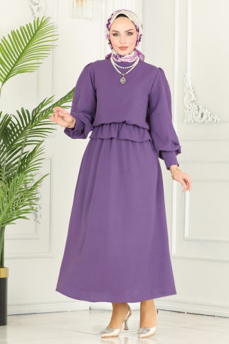 moda selvim Skirt Suit with Elastic Waist 145MP806 Lilac - Thumbnail