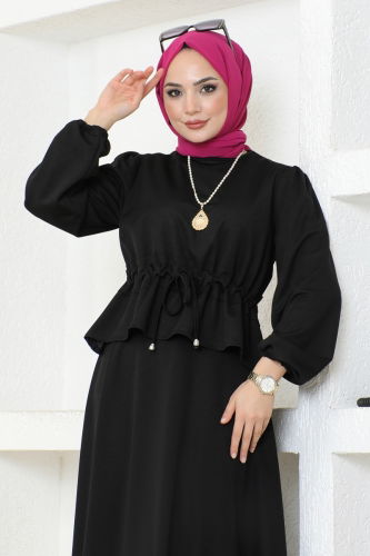 moda selvim Skirt Suit with Tie Waist 8079UKB139 Black - Thumbnail