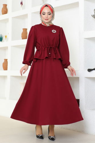 moda selvim Skirt Suit with Tie Waist 8079UKB139 Burgundy - Thumbnail