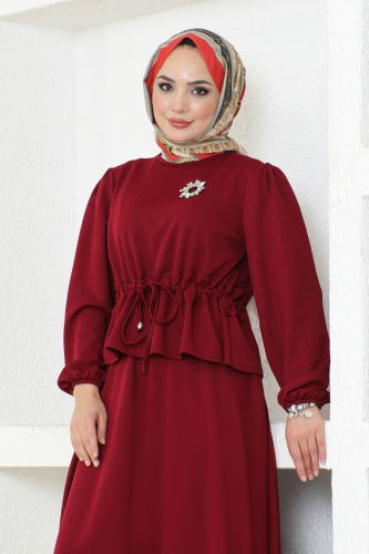 moda selvim Skirt Suit with Tie Waist 8079UKB139 Burgundy - Thumbnail