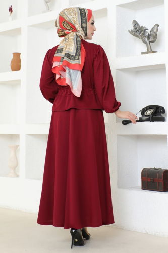 moda selvim Skirt Suit with Tie Waist 8079UKB139 Burgundy - Thumbnail