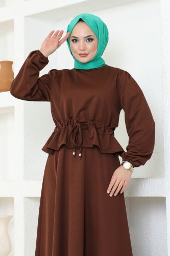 moda selvim Skirt Suit with Tie Waist 8079UKB139 Brown - Thumbnail