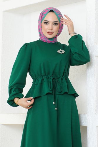 moda selvim Skirt Suit with Tie Waist 8079UKB139 Emerald - Thumbnail