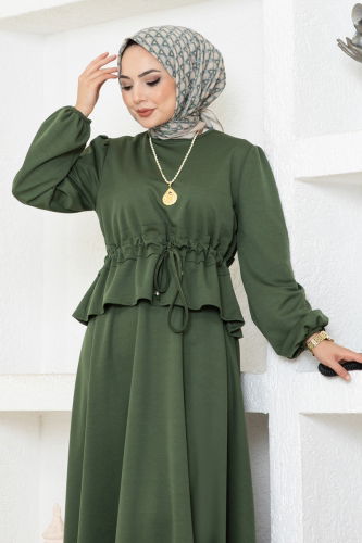 moda selvim Skirt Suit with Tie Waist 8079UKB139 Khaki - Thumbnail