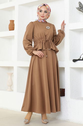 moda selvim Skirt Suit with Tie Waist 8079UKB139 Latte - Thumbnail