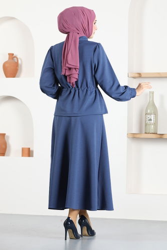 moda selvim Skirt Suit with Tie Waist TGE4080 Navy Blue - Thumbnail