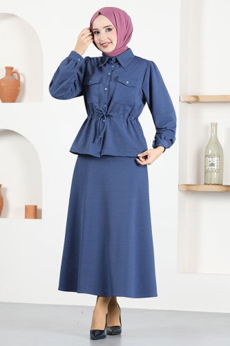 moda selvim Skirt Suit with Tie Waist TGE4080 Navy Blue - Thumbnail