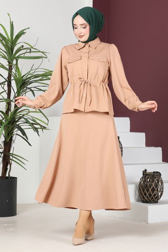 moda selvim Skirt Suit with Tie Waist TGE4080 Salmon - Thumbnail