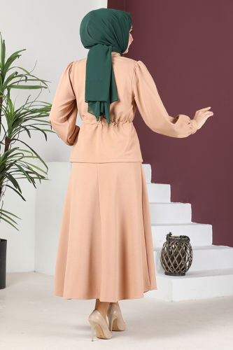 moda selvim Skirt Suit with Tie Waist TGE4080 Salmon - Thumbnail