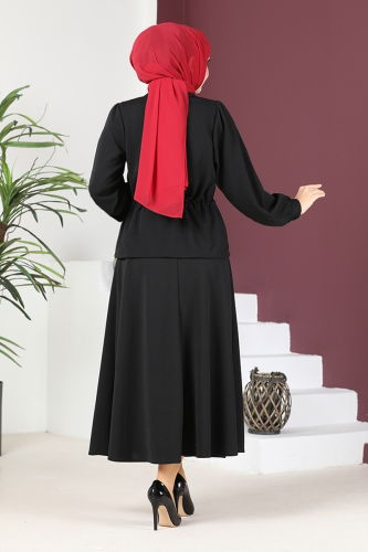 moda selvim Skirted Suit with Tie Waist TGE4080 Black - Thumbnail