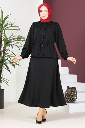 moda selvim Skirted Suit with Tie Waist TGE4080 Black - Thumbnail