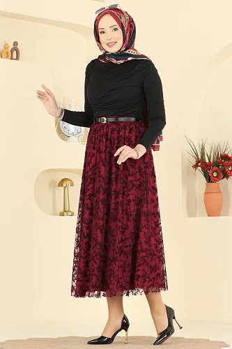 moda selvim Skirts 756OZN1046 Dark Burgundy - Thumbnail