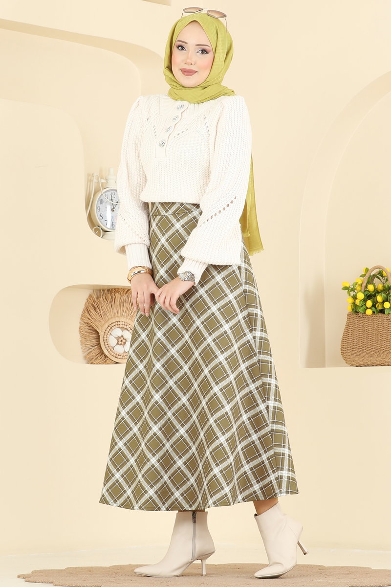 ✨EMOTIONAL COLLAGE RIB SKIRT Skirts 8034TEG847 Oil Green - Moda Selvim