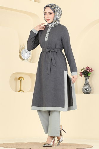 moda selvim Sofia Keten 2 li Takım 2826SLK540 Antrasit - Thumbnail