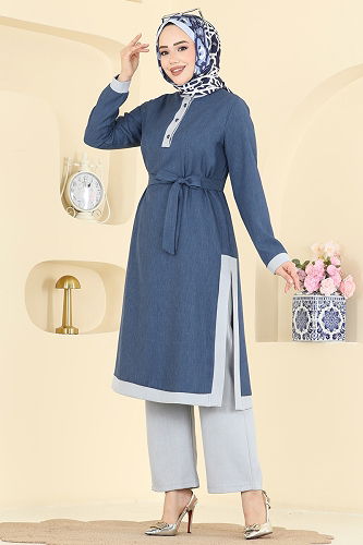 moda selvim Sofia Keten 2 li Takım 2826SLK540 İndigo - Thumbnail