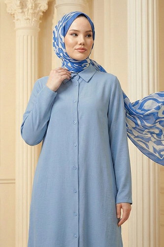 moda selvim Sofia Keten 2 li Takım 877ART1044-M Bebe Mavisi - Thumbnail