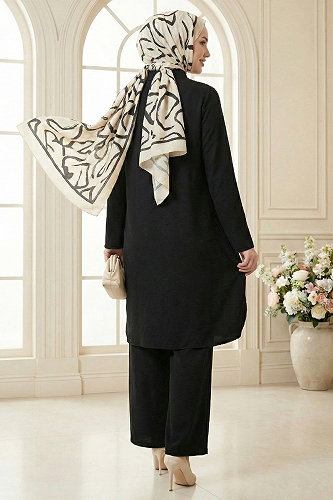 moda selvim Sofia Keten 2 li Takım 877ART1044-M Siyah - Thumbnail